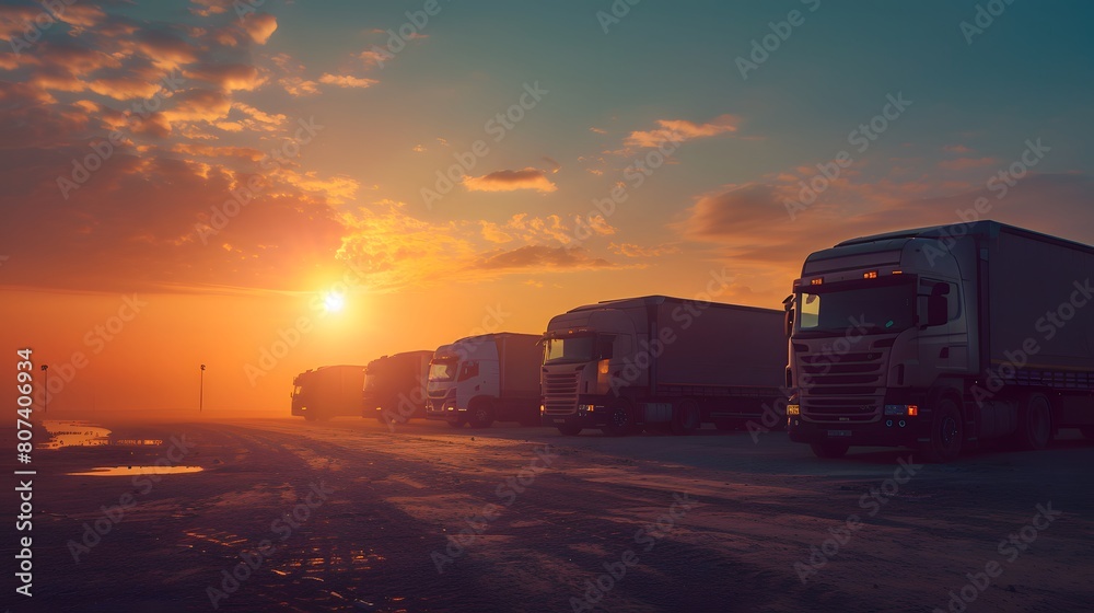 Parked trucks in front of bright sunrise
