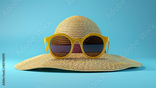 Straw hat with yellow sunglasses on blue background. Minimal summer concept. 3d rendering.