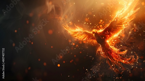 Fire bird phoenix emerging from ashes on a dark background