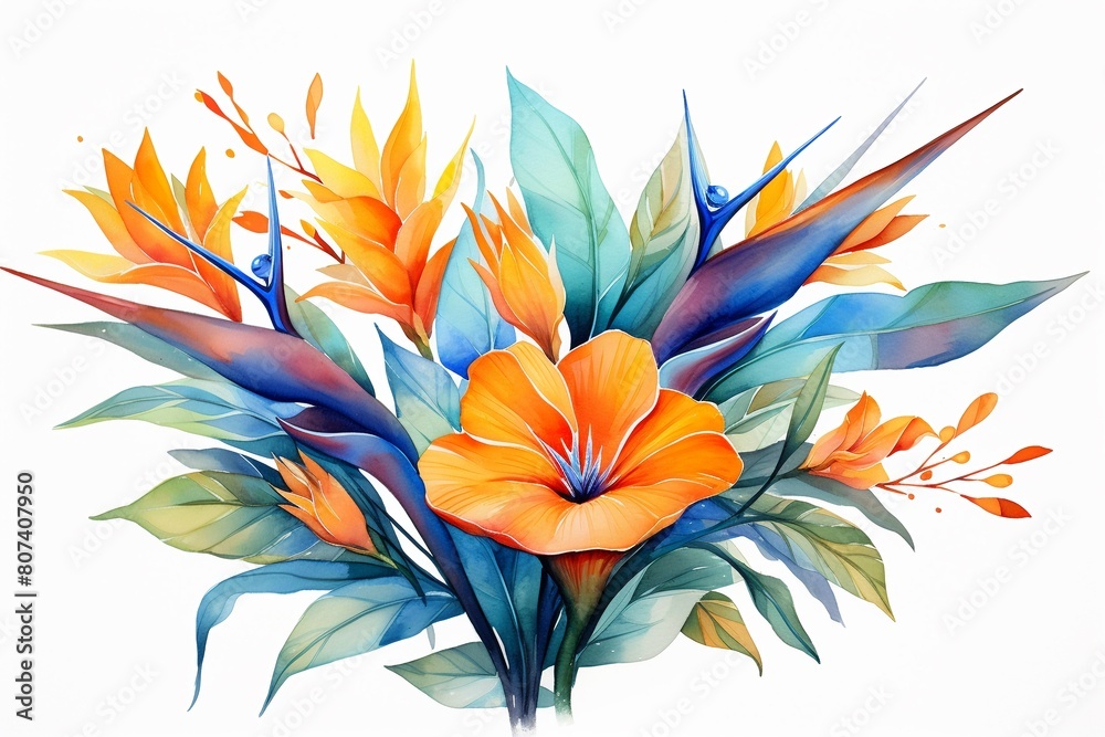 Watercolor bird of paradise clipart featuring exotic orange and blue flowers, high detailed, clean sharp focus, unique hyper illustrations