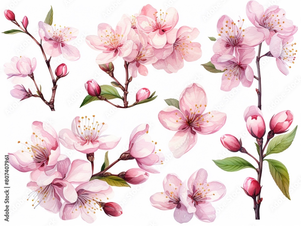 Watercolor cherry blossom clipart in soft pink and white tones, high detailed, clean sharp focus, unique hyper illustrations