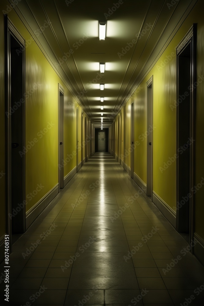 Empty, Illuminated Hallway Perspective.