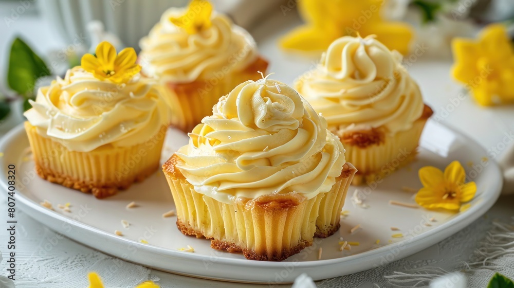 Custard cakes with butter cream on a light background. Home delivery. Festive concept. Quarantine Custard cakes with butter cream on a light background. Home delivery. Festive concept. Quarantine