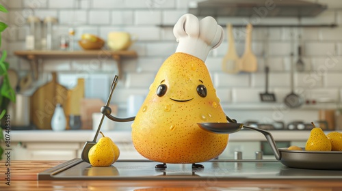cooking fruit character, cute pear cartoon with chefs hat cooking in the kitchen, illustrated holding a spatula and frying pan