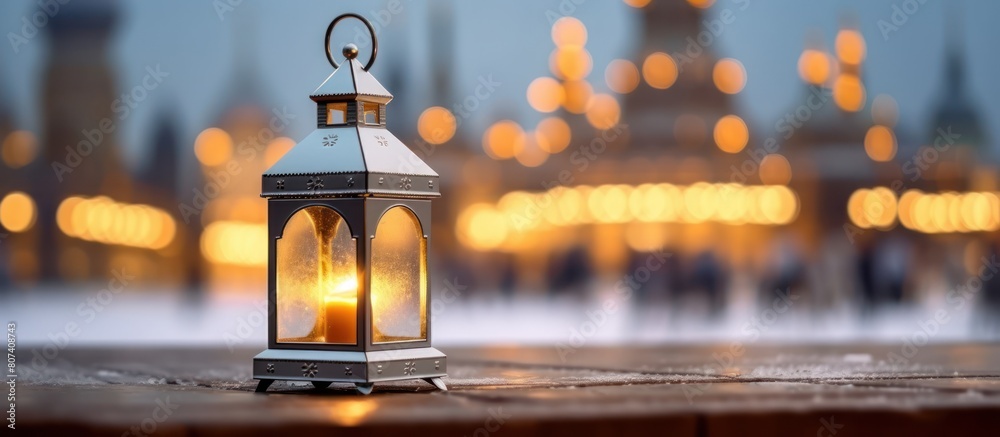 Decorative Arabic lanterns with burning candles glowing on the night background Decorative Arabic lanterns with burning candles glowing on the night background