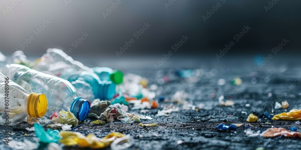 Vivid awareness of environmental issues illustrated by colorful plastic waste on dark asphalt, emphasizing worldwide pollution concerns. Vivid awareness of environmental issues illustrated by colorful plastic waste on dark asphalt, emphasizing worldwide pollution concerns.