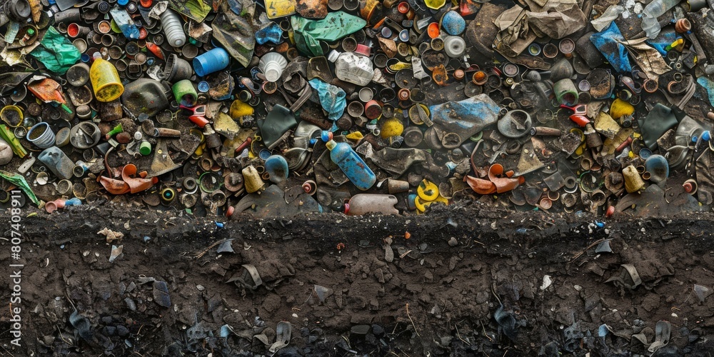 Vivid collage of assorted waste highlighting environmental crisis during Earth Day awareness events; colorful but somber reminder of consumption impact.