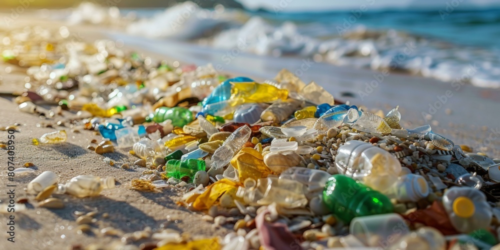 Vivid depiction of colorful plastic pollution on sandy beach, highlighting environmental challenges during Ocean Conservation Awareness events. Vivid depiction of colorful plastic pollution on sandy beach, highlighting environmental challenges during Ocean Conservation Awareness events.