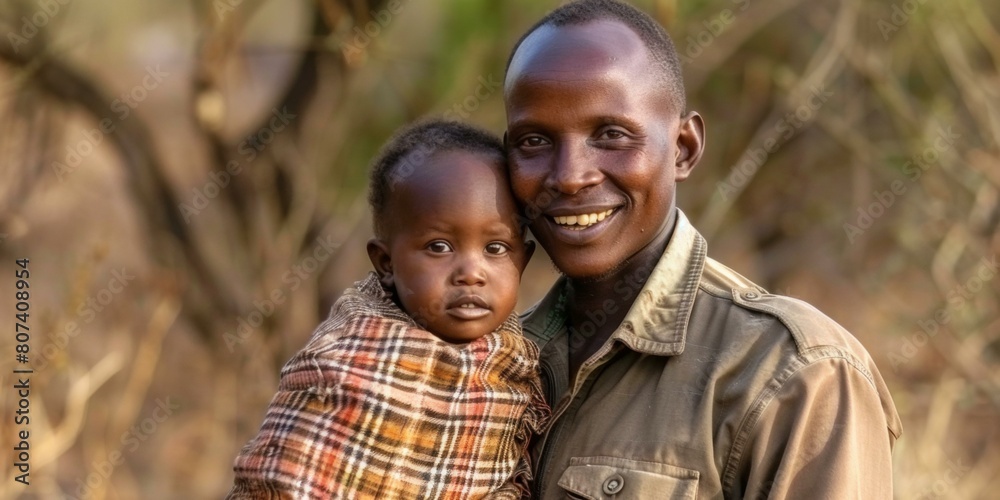 Joyful African father and child enjoy golden hour outdoors, highlighting warm familial bonds and nature's embrace, vibrant colors enhance celebratory mood. Joyful African father and child enjoy golden hour outdoors, highlighting warm familial bonds and nature's embrace, vibrant colors enhance celebratory mood.