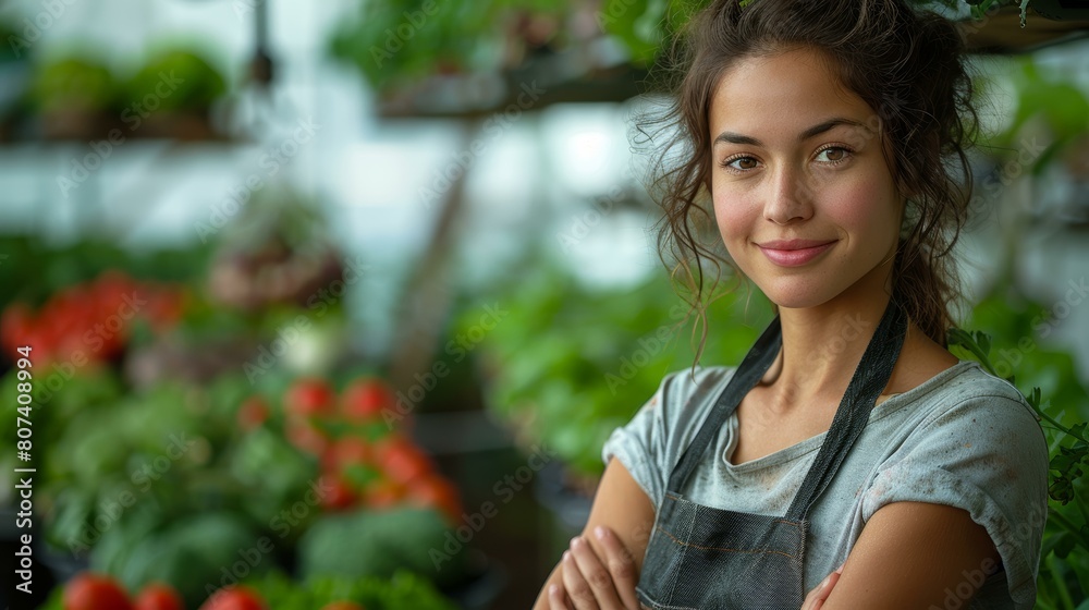 Charming young woman in garden center surrounded by lush green plants, embodying growth and nature's bounty, warm and inviting atmosphere.