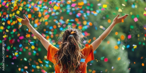 Vibrant celebration with joyful young girl throwing arms up under colorful confetti rain at festive parade or party, lively expression of happiness.