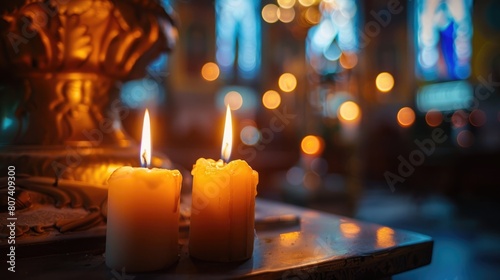 church candles close-up, against the background of a specially blurred religious cros