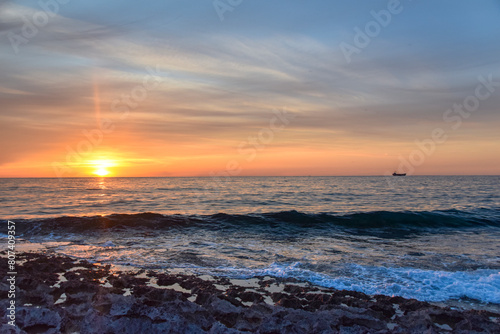 Sunset in Cyprus. View of Paphos coast at sunset. Evening landscape of Cyprus.