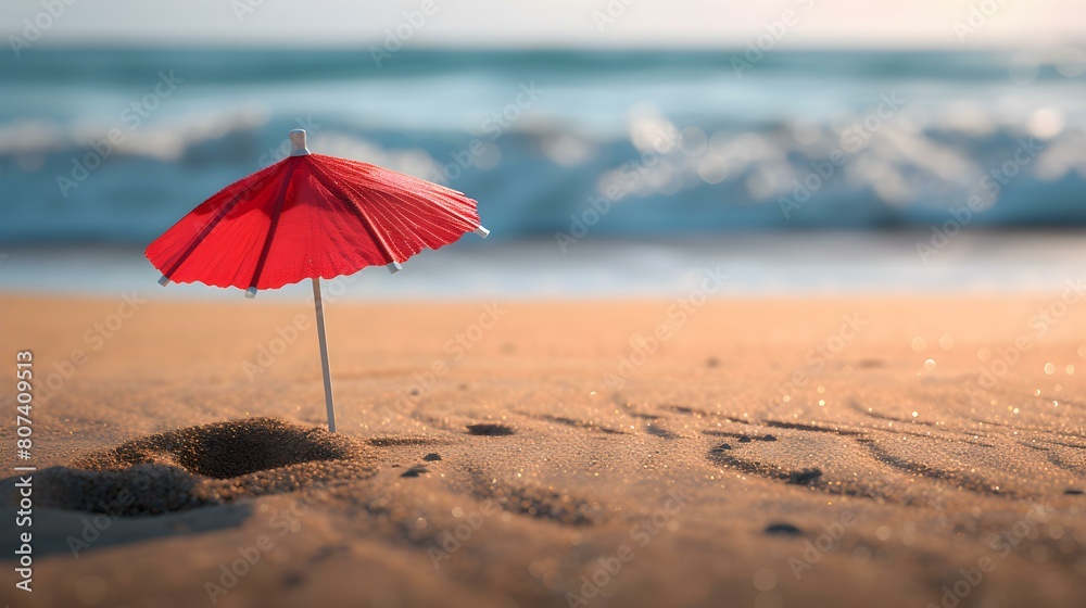 Close up of a red Cocktail Umbrella at the Beach. Beautiful Summer Vacation Background Close up of a red Cocktail Umbrella at the Beach. Beautiful Summer Vacation Background