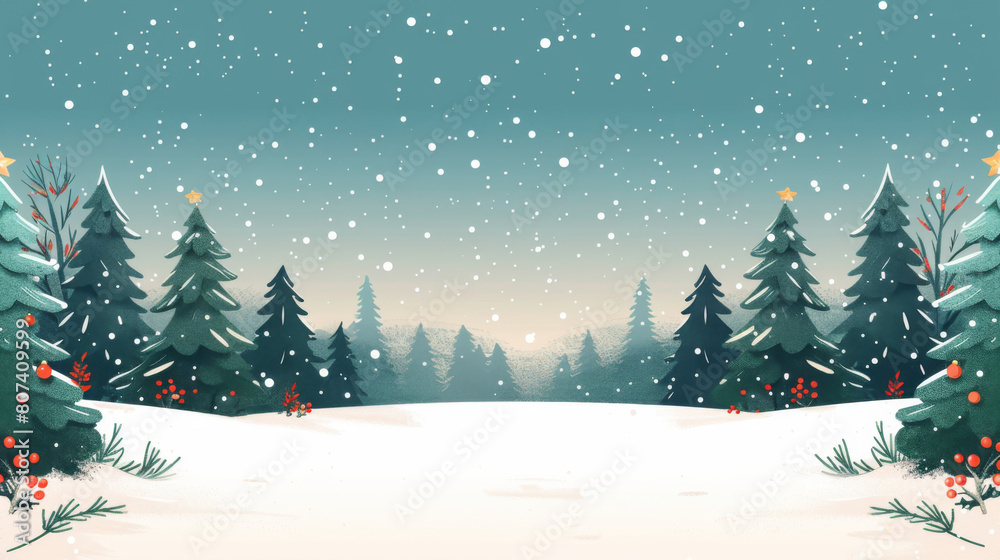 A serene winter landscape depicting a snowy scene with decorated pine trees and falling snowflakes against a dusk sky.
