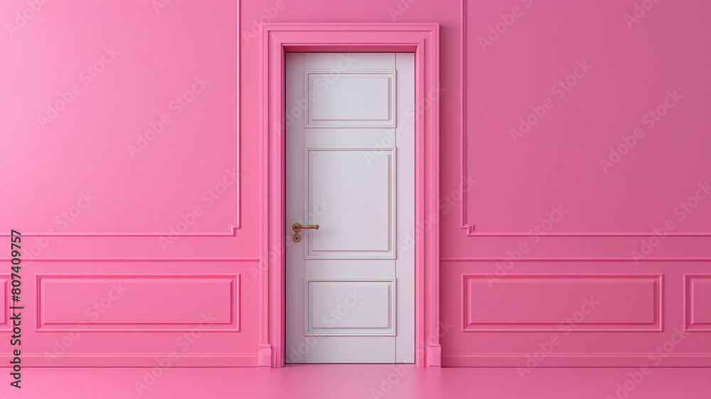 Door and wall on pink background. minimal concept. 3D rendering.