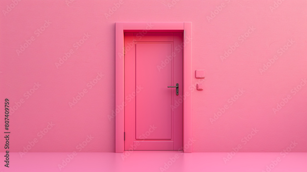 Door and wall on pink background. minimal concept. 3D rendering. Door and wall on pink background. minimal concept. 3D rendering.