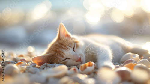 Gato deitado dormindo em cima de conchas na praia - wallpaper HD photo
