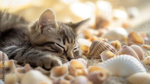 Gato deitado dormindo em cima de conchas na praia - wallpaper HD photo