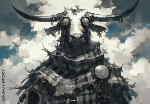 A cow with two eyes and horns, wearing an evil crown on its head, standing under dark clouds