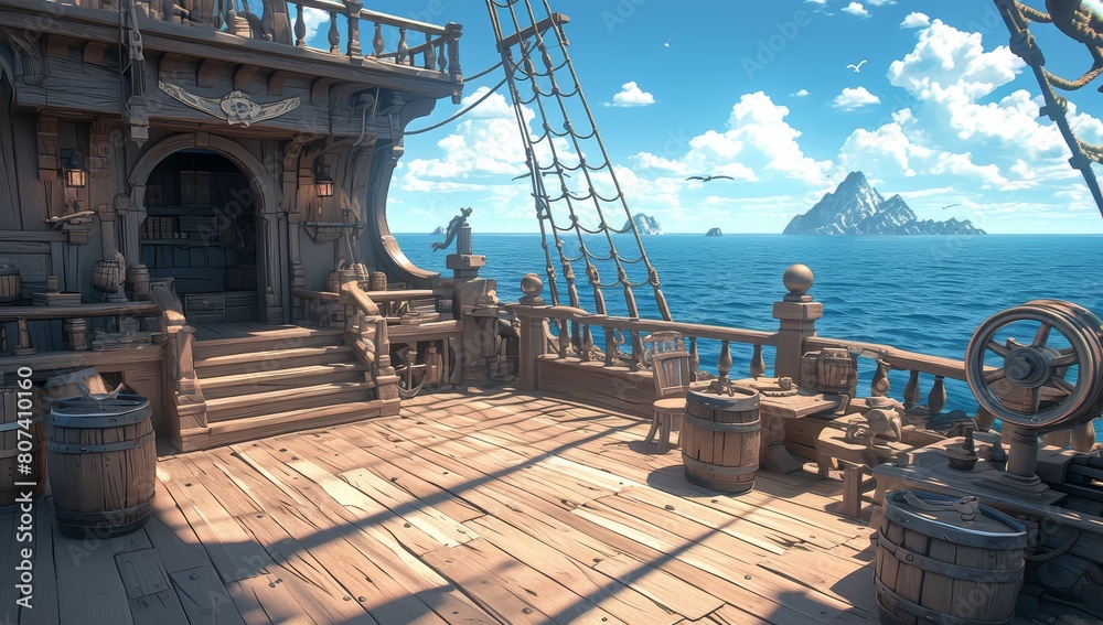 Naklejka premium Ship deck and wheelhouse on an old wooden pirate ship, surrounded by a blue ocean with distant islands in the background. 