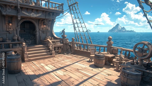 Ship deck and wheelhouse on an old wooden pirate ship, surrounded by a blue ocean with distant islands in the background.  photo