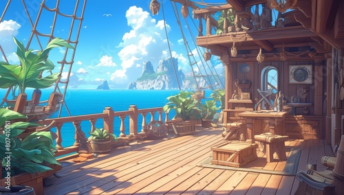 Ship deck and wheelhouse on an old wooden pirate ship, surrounded by a blue ocean with distant islands in the background.  photo