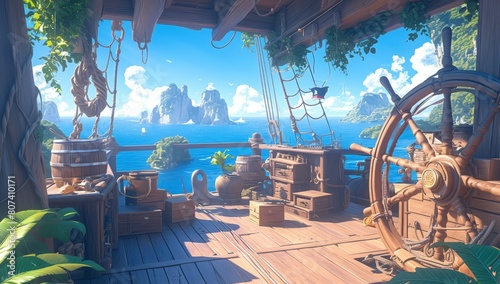 Ship deck and wheelhouse on an old wooden pirate ship, surrounded by a blue ocean with distant islands in the background.  photo