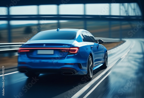 A realistic and detailed image capturing the rear view of a blue business car on high speed in a turn, as the blue car rushes along a high-speed highway. The scene conveys a sense of motion and speed, © ART-PHOTOS