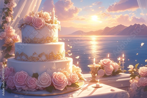 A beautiful two tiered birthday cake with candles on top, with pink and white rosettes with gold accents, the, the background shows Greek islands in Greece at sunset photo