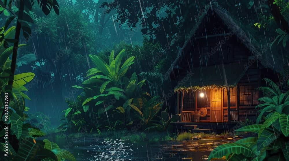 Glowing house nestled amidst the mystical forest, illuminated by the gentle rain under the veil of night. A serene nocturSeamless looping 4k time-lapse virtual video animation background. Generated AI