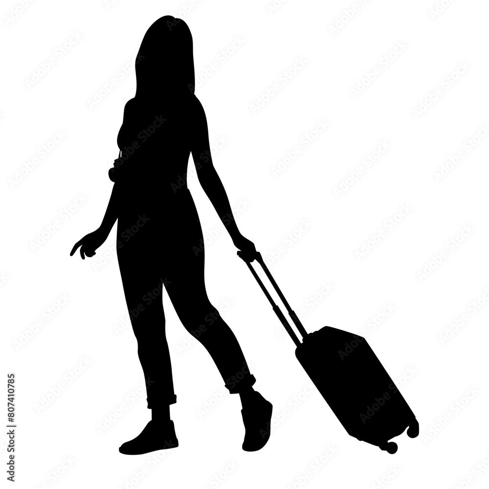 Silhouette of young woman tourist with camera and smartphone. Girl in casual clothes with a suitcase and tickets. The female traveler goes on a journey. Vector illustration isolated on white Silhouette of young woman tourist with camera and smartphone. Girl in casual clothes with a suitcase and tickets. The female traveler goes on a journey. Vector illustration isolated on white