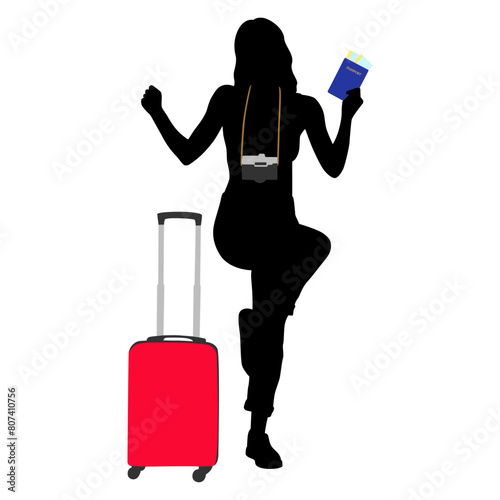 Silhouette of young woman tourist with camera and smartphone. Girl in casual clothes with a suitcase and tickets. The female traveler goes on a journey. Vector illustration isolated on white