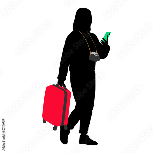 Silhouette of young woman tourist with camera and smartphone. Girl in casual clothes with a suitcase and tickets. The female traveler goes on a journey. Vector illustration isolated on white