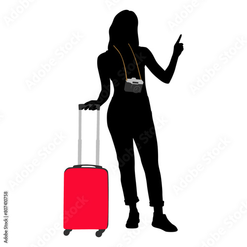 Silhouette of young woman tourist with camera and smartphone. Girl in casual clothes with a suitcase and tickets. The female traveler goes on a journey. Vector illustration isolated on white