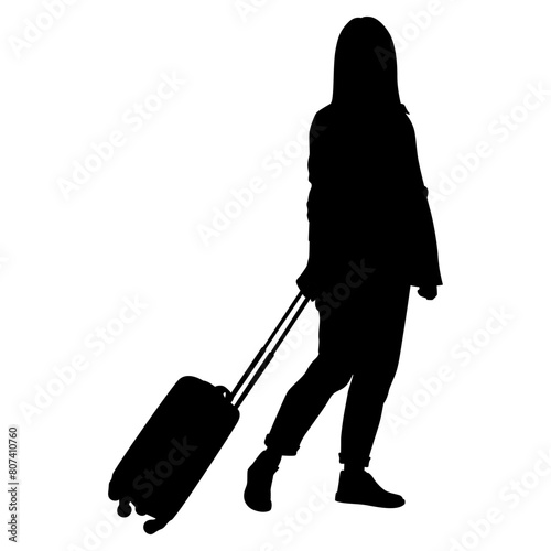 Silhouette of young woman tourist with camera and smartphone. Girl in casual clothes with a suitcase and tickets. The female traveler goes on a journey. Vector illustration isolated on white
