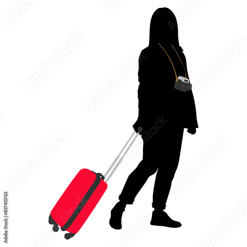 Silhouette of young woman tourist with camera and smartphone. Girl in casual clothes with a suitcase and tickets. The female traveler goes on a journey. Vector illustration isolated on white