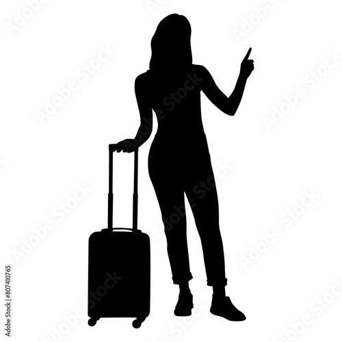Silhouette of young woman tourist with camera and smartphone. Girl in casual clothes with a suitcase and tickets. The female traveler goes on a journey. Vector illustration isolated on white