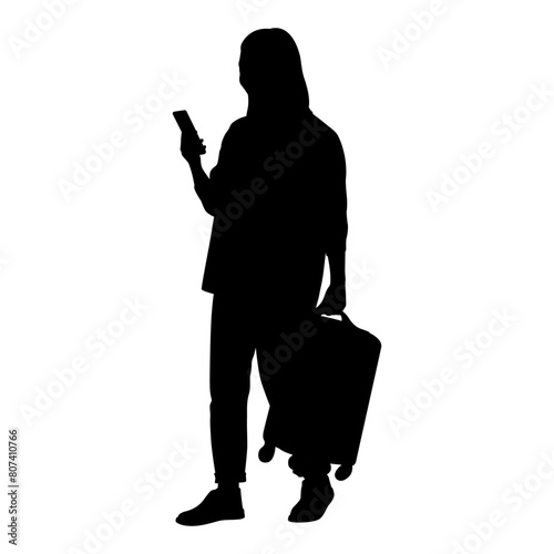 Silhouette of young woman tourist with camera and smartphone. Girl in casual clothes with a suitcase and tickets. The female traveler goes on a journey. Vector illustration isolated on white
