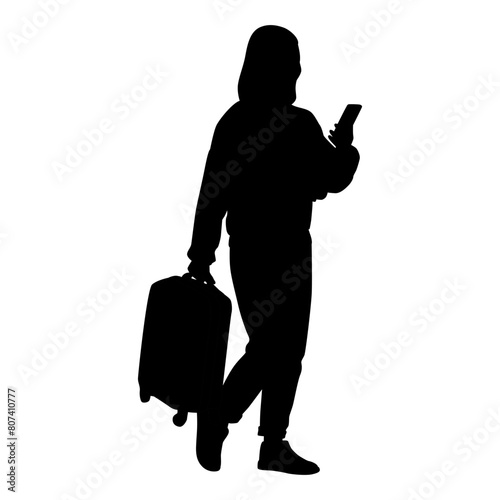 Silhouette of young woman tourist with camera and smartphone. Girl in casual clothes with a suitcase and tickets. The female traveler goes on a journey. Vector illustration isolated on white