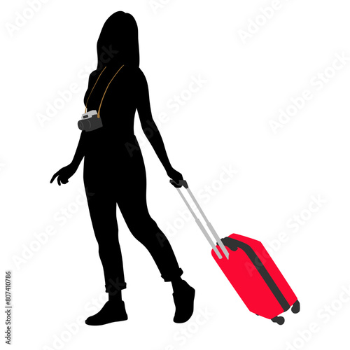 Silhouette of young woman tourist with camera and smartphone. Girl in casual clothes with a suitcase and tickets. The female traveler goes on a journey. Vector illustration isolated on white