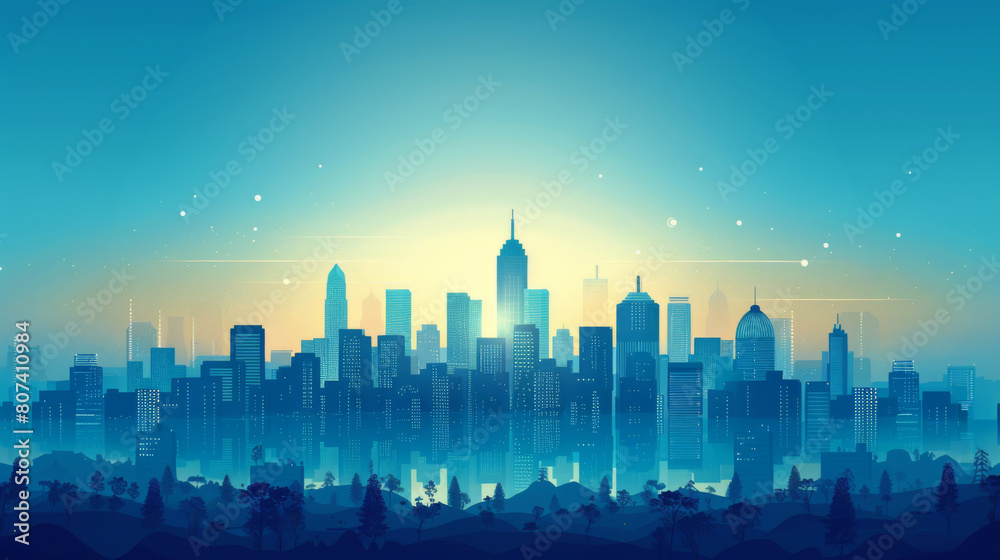 Silhouette of a city skyline at dawn with a calm blue tone, highlighting peaceful early morning moments.