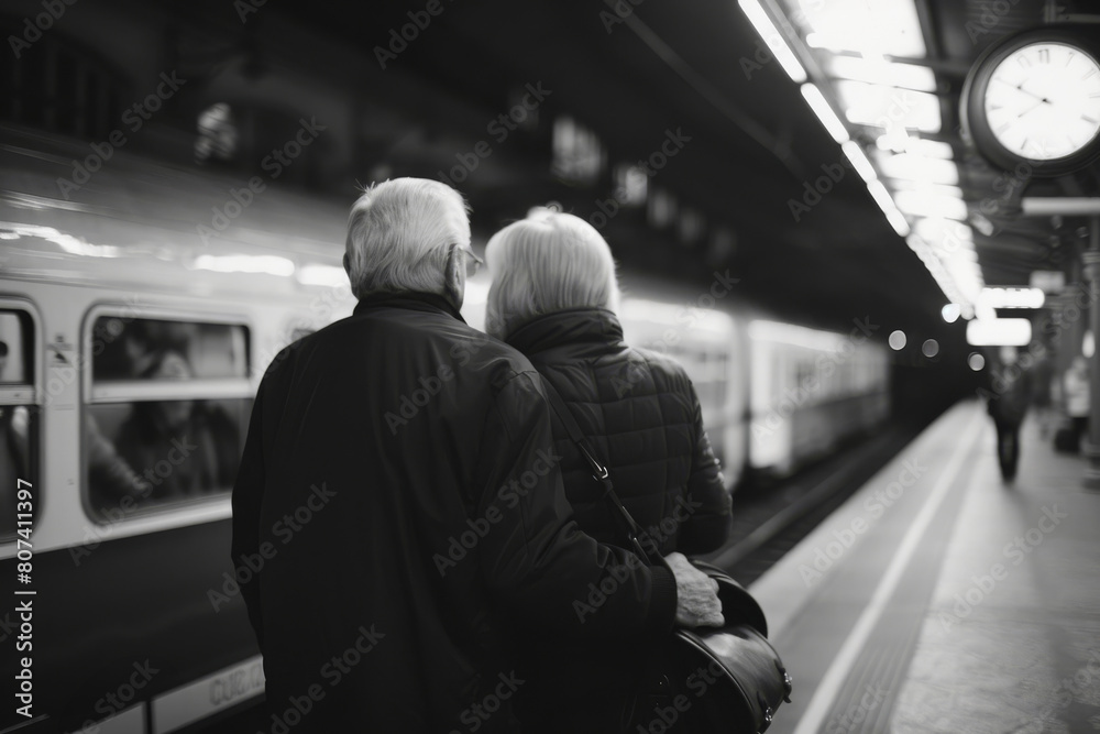 Final Goodbye: Saying Farewell with . senior couple hugging on underground station Final Goodbye: Saying Farewell with . senior couple hugging on underground station