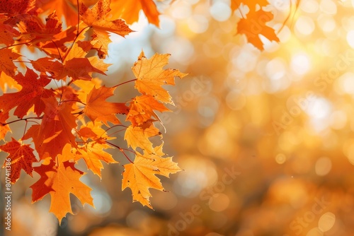 orange fall leaves in park  sunny autumn natural background - generative ai