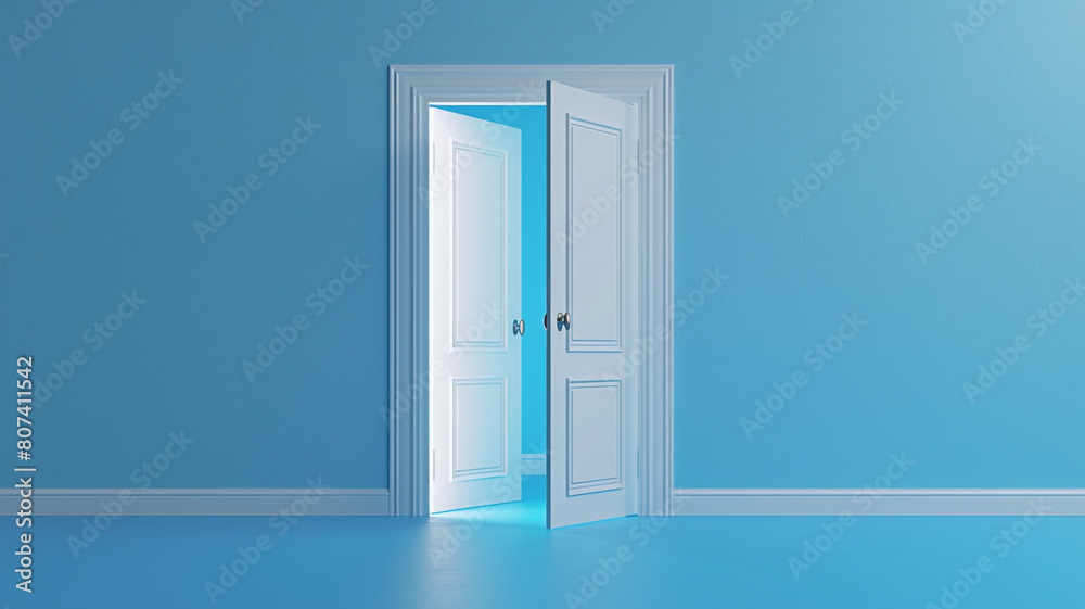 Open the door. Business concept. 3d render, white light inside open door isolated on blue background. Modern minimal concept. Open the door. Business concept. 3d render, white light inside open door isolated on blue background. Modern minimal concept.