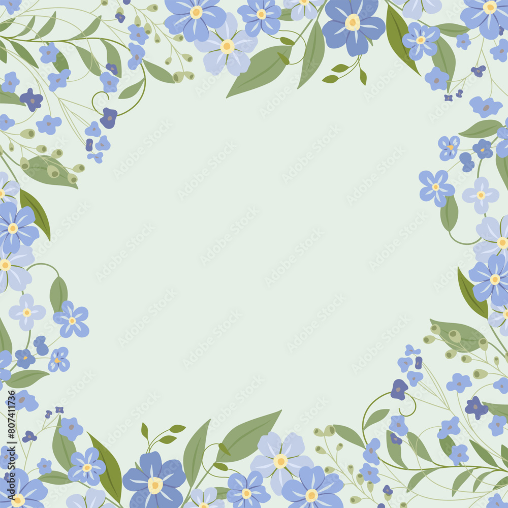 Fototapeta premium Dekoracyjne jasne zielone tło z niezapominajkami. Kwiatowy wzór, elegancka ozdoba na kartki z życzeniami do wykorzystania na Dzień Matki, wesele, rocznice lub inną uroczystość.
