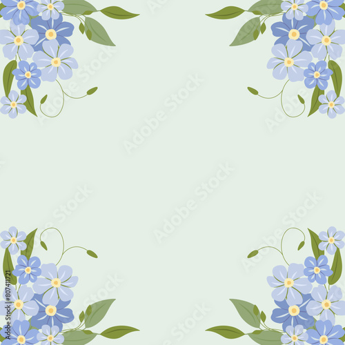 Dekoracyjne jasne zielone tło z niezapominajkami. Kwiatowy wzór, elegancka ozdoba na kartki z życzeniami do wykorzystania na Dzień Matki, wesele, rocznice lub inną uroczystość.