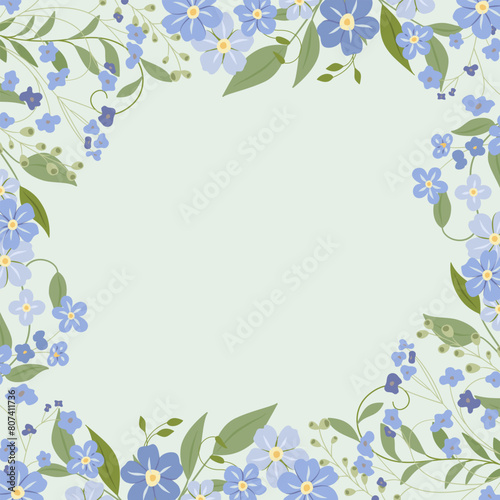 Dekoracyjne jasne zielone tło z niezapominajkami. Kwiatowy wzór, elegancka ozdoba na kartki z życzeniami do wykorzystania na Dzień Matki, wesele, rocznice lub inną uroczystość.