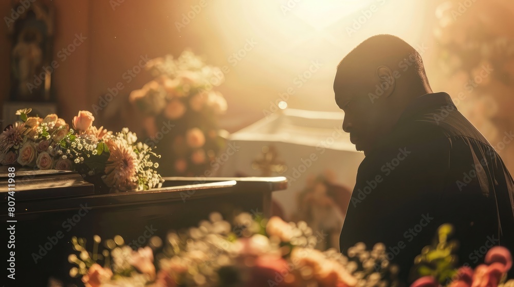 Funeral coffin, death and black man sad, grieving and mourning loss of ...