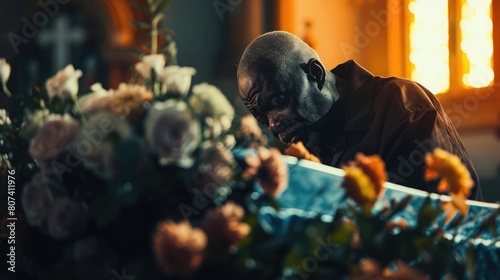 Funeral coffin, death and black man sad, grieving and mourning loss of family, friends or dead loved one, Church service, floral flowers and person with casket, grief and sadness over loss of life photo